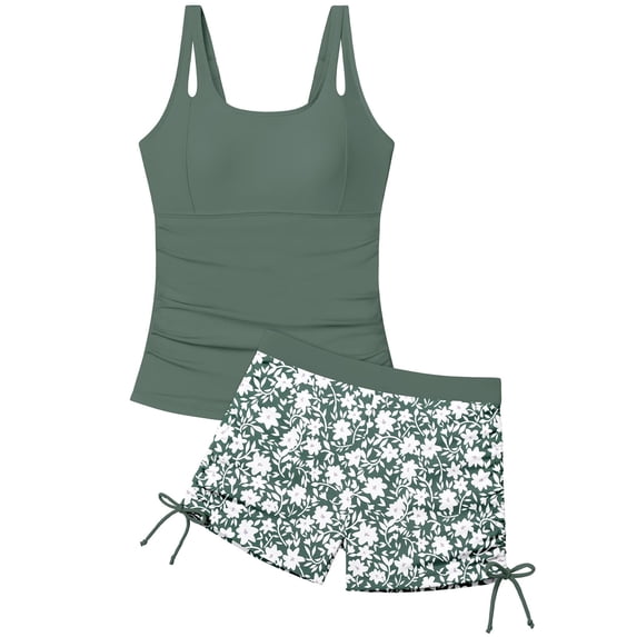YOUYEDIAN Girls Tankini Swimsuit 2 Piece Bathing Suits for Girls Square Collar Swim Tank Top and Drawstring Bottoms (Green, 11-12 Years)