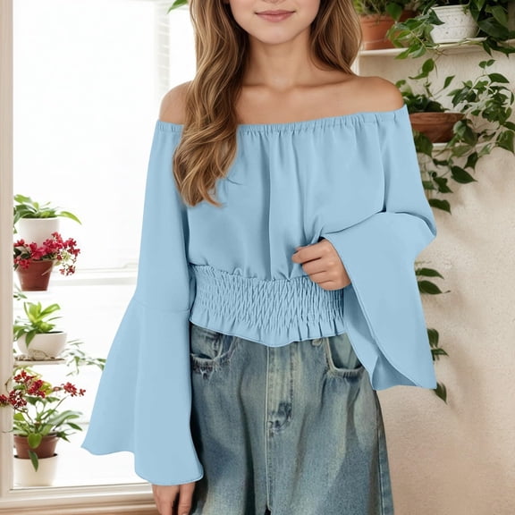 YOUYEDIAN Girls Vintage Court Shirts Off The Shoulder Flare Sleeve Crop Tops Tween Costume Elegant Tunic Blouse Blue