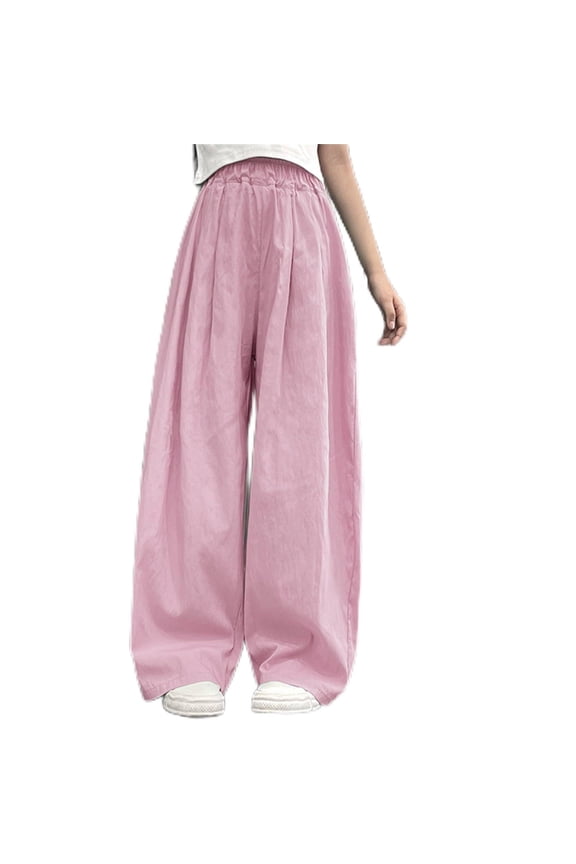 Girls Wide Leg Pants Flowy Loose Fit Palazzo Pants for Girls Kids Casual Beach Linen Trousers (Pink, 6-7 Years)