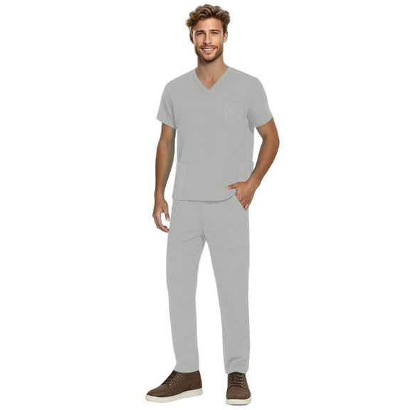 YOUYEDIAN Gray Scrubs for Men Set Stretchy Nursing Uniform V-Neck Short Sleeve Scrub Top & Yoga Jogger with Pocket Classic Fit Scrubs Sets Light Gray XL