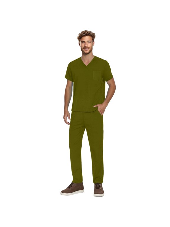 Green Scrubs Set for Men Stretchy Nursing Uniform Vneck Short Sleeve Scrub & Jogger Pants with Pockets Soft Scrubs Sets Army Green XXL