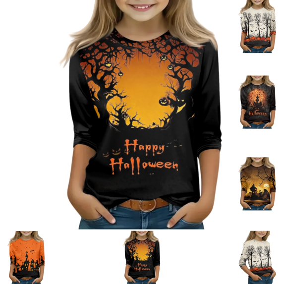 YOUYEDIAN Halloween 3/4 Sleeve Shirt for Girls Cute Pattern Crew Neck Pullover Top