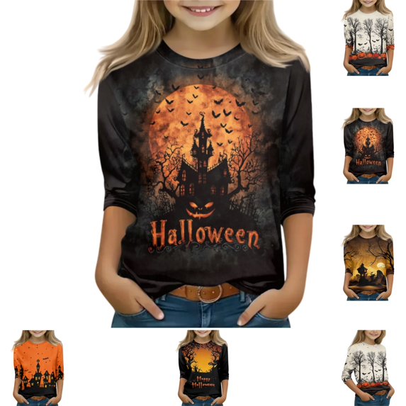 YOUYEDIAN Halloween 3/4 Sleeve Shirt for Girls Cute Pattern Crew Neck Pullover Top