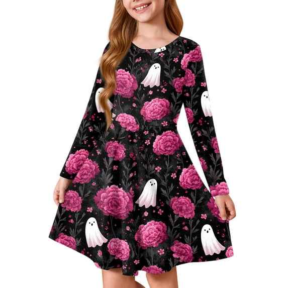 YOUYEDIAN Halloween Dresses for Girls Long Sleeve Pumpkin Spider Witch Print Vacation Dresses Funny Cotton Dresses Fashion Round Neck Halloween Dresses Pink 3-4 Years