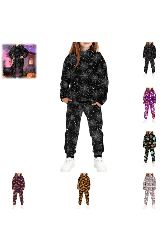 Halloween Hoodies for Teen Girls 2 Piece Tracksuit Funny Cute Long Sleeve Hooded Hoodies Fall Winter Fashion Fleece Sweatpants (Black, 6-7 Years)
