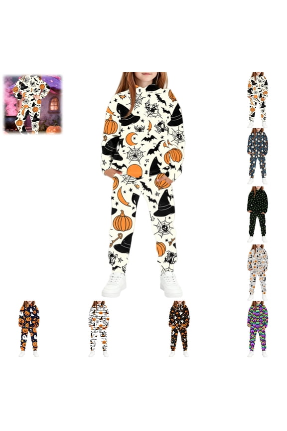 Halloween Hoodies for Teen Girls Funny 2 Piece Tracksuit Fall Winter Cute Long Sleeve Hooded Hoodie Casual Fleece Sweatpants (Green, 11-12 Years)