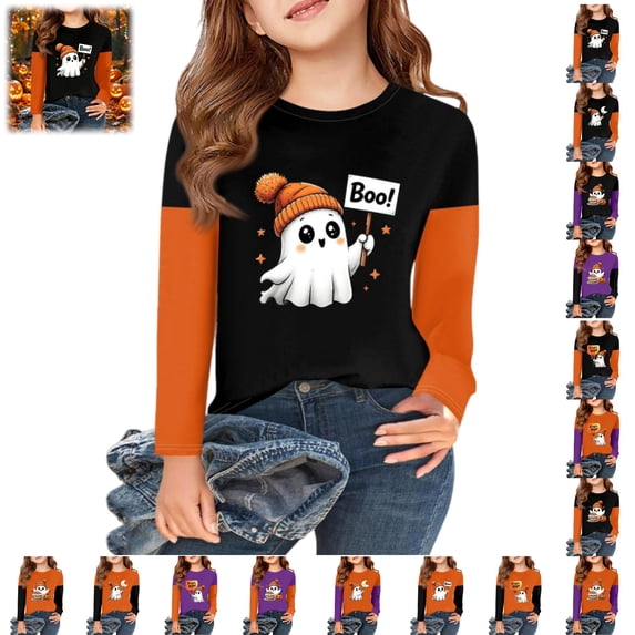 YOUYEDIAN Halloween Long Sleeve Tops for Girls Funny Print Shirts Fall Winter Casual Cute Crewneck Tops (Blue, 8-9 Years)