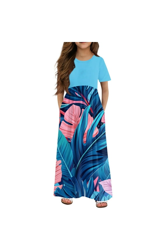 Hawaiian Dresses for Girls Palm Tree Print Crewneck Tshirt Dress Patchwork Dress Girl Short Sleeve Beach Dress 2025 Summer Casual Dresses with Pockets,Royal Blue 4-5 Years