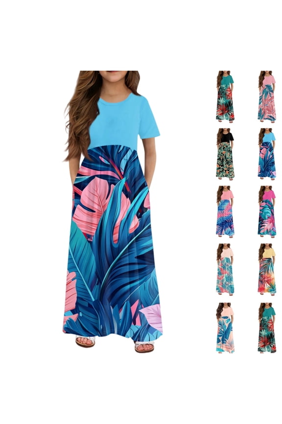 Hawaiian Dresses for Girls Palm Tree Print Crewneck Tshirt Dress Patchwork Dress Girl Short Sleeve Beach Dress 2026 Summer Casual Dresses with Pockets,Royal Blue 4-5 Years