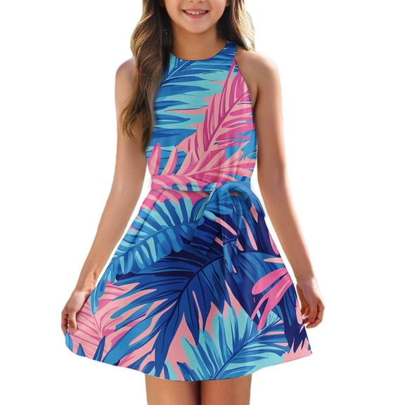 YOUYEDIAN Hawaiian Girls' Dresses 2025 Summer Vacation Halter Neck Sundress Wrap Belt Sleeveless Dresses Cute Palm Tree Printed Swing Dress,Royal Blue 5-6 Years