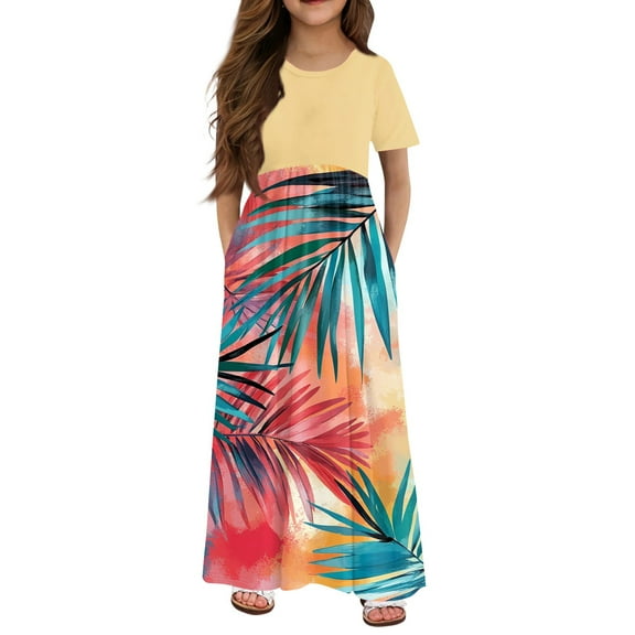 YOUYEDIAN Hawaiian Girls Dresses Size 10-12 Crewneck Palm Tree Graphic T Shirt Dress 2025 Summer Cute Dresses Patchwork Dress Girl Short Sleeve Vacation Dress with Pockets,Yellow 13-14 Years