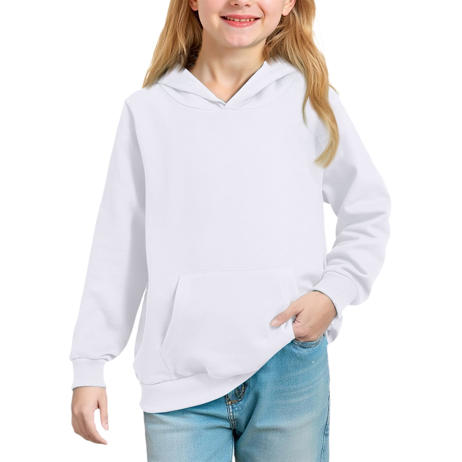 Hoodies for Girls Casual Long Sleeve Sweatshirts Drawstring Pullover Top with Pockets Trendy Hoodies for Teen Girls White 3-4 Years
