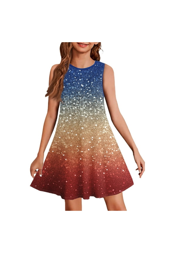 Independence Day Dresses for Girls 4th Of July Sleeveless Dress 2025 Summer Casual Sundress Blue Sequin Print Midi Dress,Blue 9-10 Years