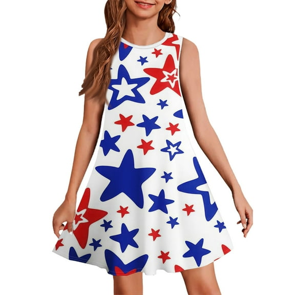 YOUYEDIAN Independence Day Plus Size Summer Toddler Dress 1776 Sleeveless Sundress Patriotic Cute Dresses Stars Graphic Vacation Dress 2025 Spring Crew Neck A-Line Dress,White 13-14 Years