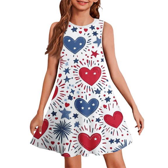 YOUYEDIAN Independence Day Teen Dresses 4th Of July Sleeveless Dresses 2025 Summer Casual Sun Dresses Plain Star Hearts Print Midi Dress,Red 4-5 Years