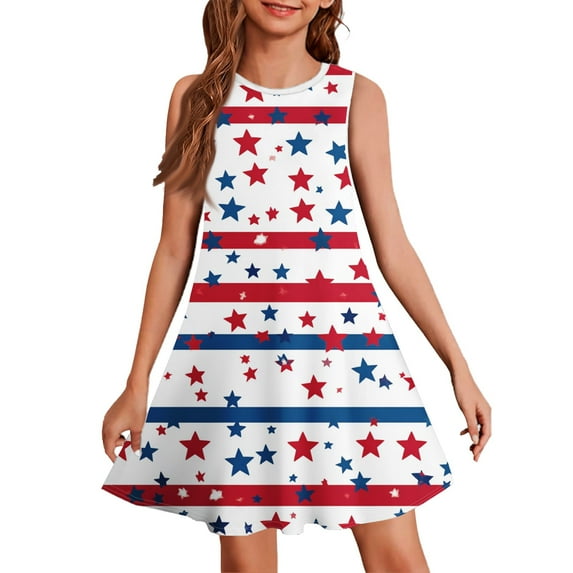 YOUYEDIAN Independence Day Toddler Dress 4th Of July Sleeveless Dress 2025 Summer Casual Sun Dress Royal Blue Stars Striped Midi Dress,Royal Blue 4-5 Years