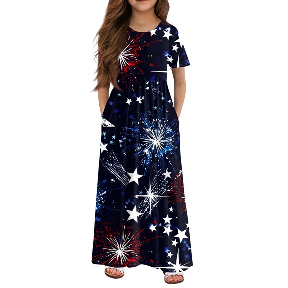 YOUYEDIAN Independence Day Toddler Dress July 4th Crew Neck Red Blue and White Tshirt Dress Patriotic Short Sleeve Little Girls Patchwork Dress 2025 Summer Cute Dresses with Pockets,Navy 9-10 Years