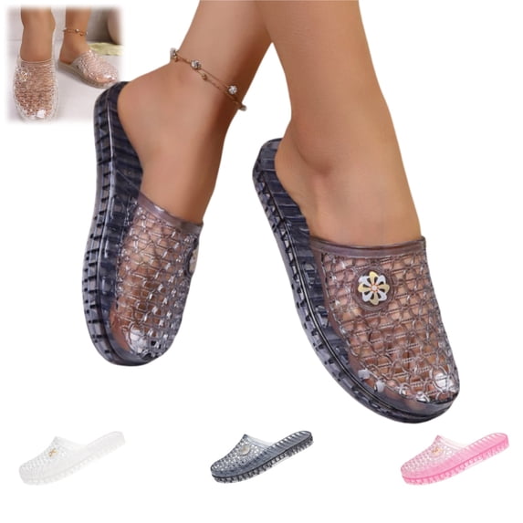 YOUYEDIAN Jelly Sandals for Women Ballet Dress Mesh Slip on Flats Shoes Summer Wide Closed Toe Mary Jane Mules Clear Beach Sandals (Navy)