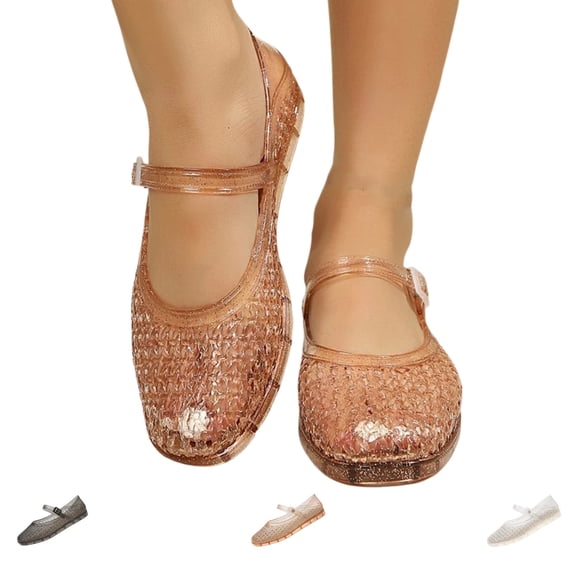 YOUYEDIAN Jelly Sandals for Women Ballet Dressy Mesh Slip on Flat Shoes Summer Wide Closed Toe Mary Jane Mules Trendy Beach Sandals (Champagne)