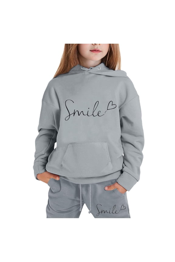 Jogger Sets for Girls 2 Piece Baggy Fit Funny Letter Print Track Suits Soft Solid Color Sweatsuits Set with Pockets (Light Gray, 6-7 Years)