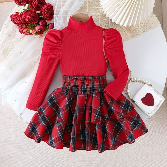 YOUYEDIAN Kids Cartoon Top & Skirt 2 Piece Set, Casual Daily Outfit Fall Winter Colthing Red 7Y