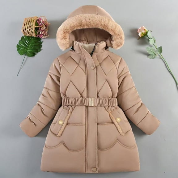 YOUYEDIAN Kids Girls Winter Hooded Padded Coat Fleece Lining Puffer Jacket Outerwear Parka Khaki 4-5 Years