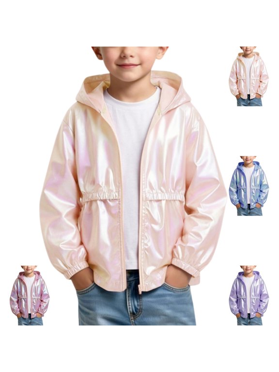Kids Metallic Shiny Jacket Boys Sparkly Lightweight Waterproof Raincoat Girls Street Y2K Glitter Windbreaker Rain Jacket