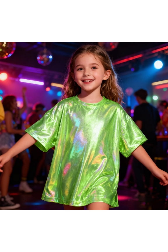 Kids Short Sleeve Sequin Shirt Girls Carnival Sparkly Metallic Dance Party Top Elegant Glitter Crewneck Tees Clothes Green