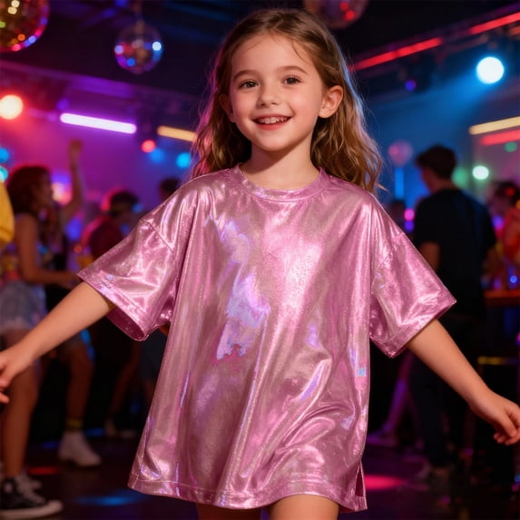 YOUYEDIAN Kids Short Sleeve Sequin Shirt Girls Carnival Sparkly Metallic Dance Party Top Elegant Glitter Crewneck Tees Clothes Hot Pink