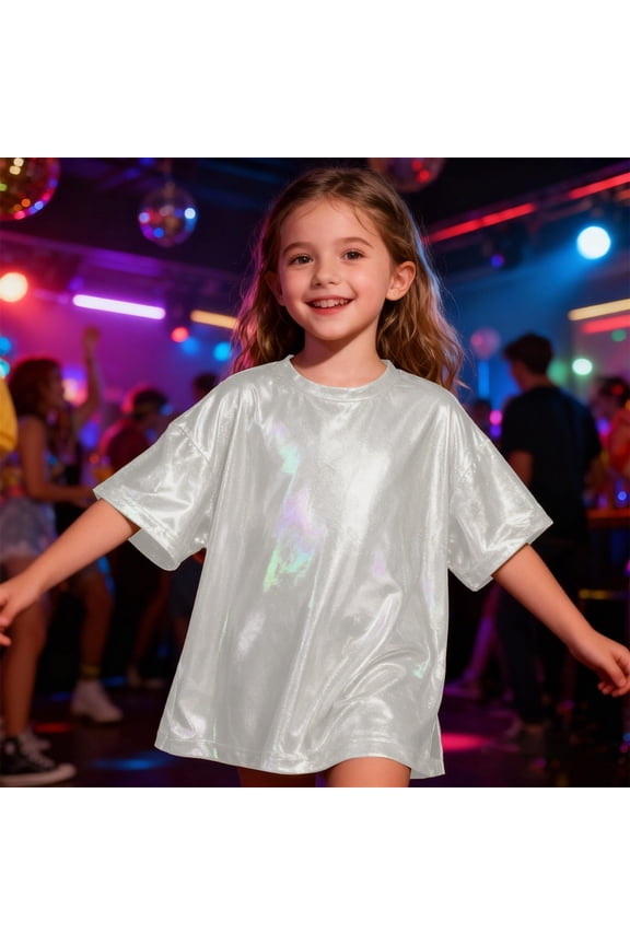 Kids Short Sleeve Sequin Shirt Girls Carnival Sparkly Metallic Dance Party Top Elegant Glitter Crewneck Tees Clothes Silver