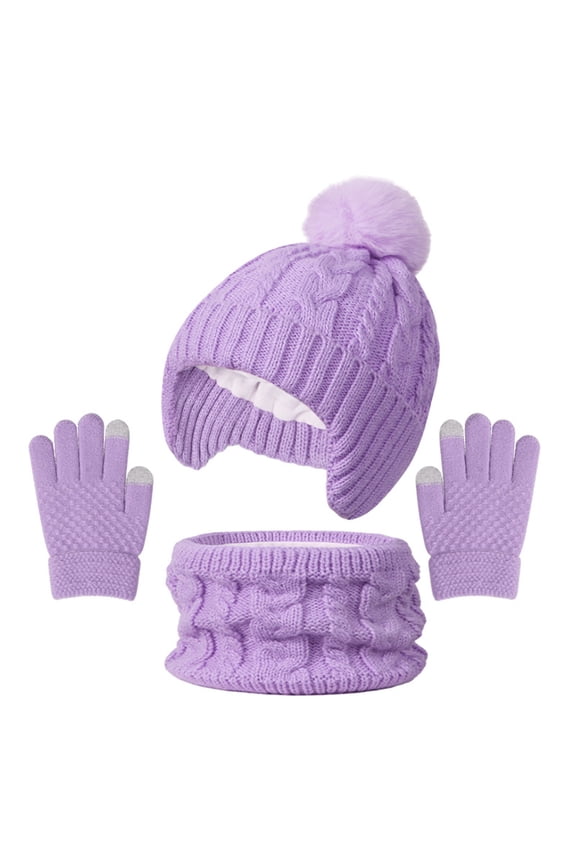 Kids Winter Hat Gloves Scarf Set,Beanie with Pom Earflaps Neck Gaiter Fleece Lined Touchscreen Gloves for Girls Boys 3-10Y (Purple, One Size)