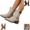 thumbnail image 1 of YOUYEDIAN Leather Boots for Women Comfort Mid Calf Booties Fashion Round Toe Low Heel Biker Boots, 1 of 5