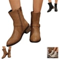 thumbnail image 1 of YOUYEDIAN Leather Boots for Women Comfort Mid Calf Booties Fashion Round Toe Low Heel Biker Boots, 1 of 5
