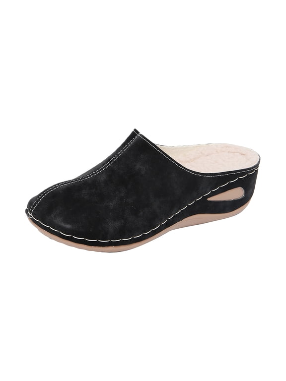 Leather Orthopedic Shoes for Women Slip-On Nurse Shoes Fashion Round-Toe Wedge Heel Thick-Soled Comfortable Arch Support Walking Mules (Black, 6.5 Wide(EU-37))