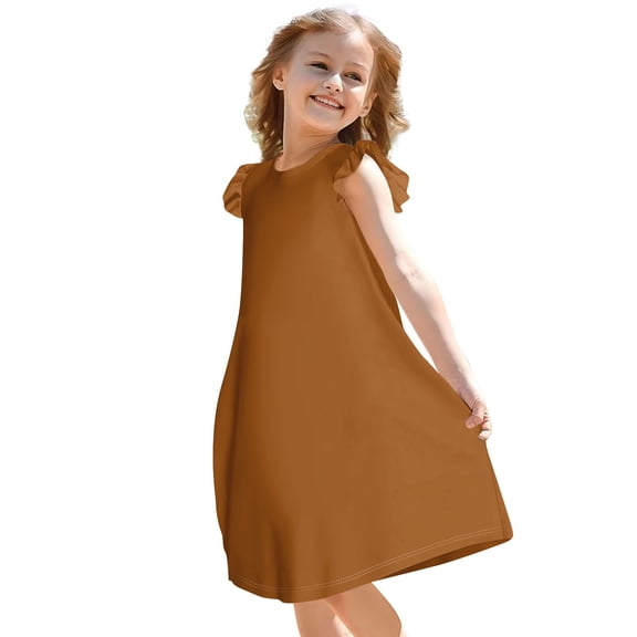 YOUYEDIAN Light Brown Toddler Dress Plain Ruffle Sleeve Sundress Crewneck a Line Dresses 2025 Summer Casual Dresses Vacation Dress,Light Brown 11-12 Years