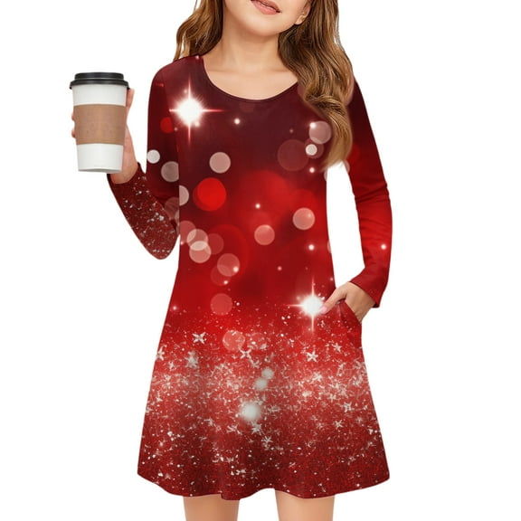 YOUYEDIAN Little Girls Dresses Long Sleeve Fall Winter Dress Fashion Round Neck Spring Dresses With Pockets Red 6-7 Years