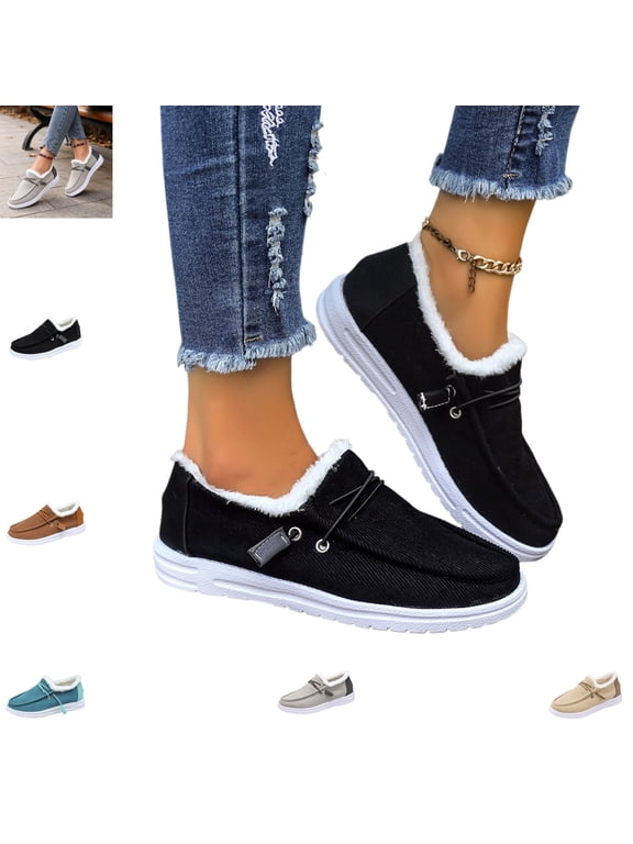 Loafers for Women Fall Winter Casual Fleece Lined Warm Comfy Fashion Strap Deco Slip On Flats Versatile Round Toe Plush Outdoor Platform Walking Shoes