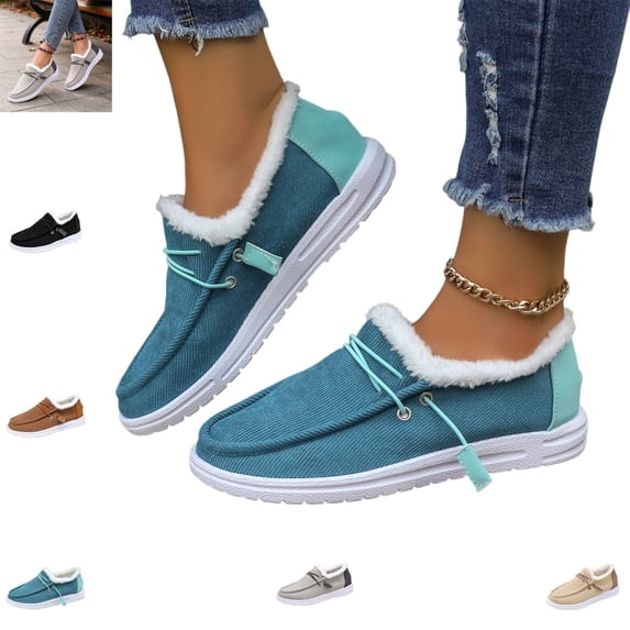 YOUYEDIAN Loafers for Women Fall Winter Casual Fleece Lined Warm Comfy Fashion Strap Deco Slip On Flats Versatile Round Toe Plush Outdoor Platform Walking Shoes