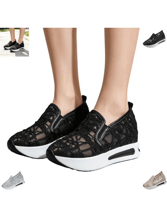 Loafers for Women Fashion Lace Deco Mesh Versatile Sequin Embroidered Platform Flats Casual Round Toe Slip On Comfy Breathable Walking Shoes