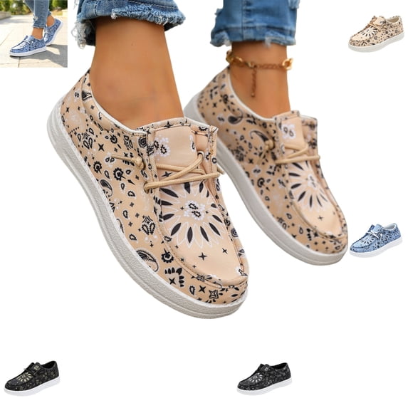 YOUYEDIAN Loafers for Women Casual Lace-up Comfy Versatile Floral Print Round Toe Flats Fashion Platform Slip On Walking Shoes