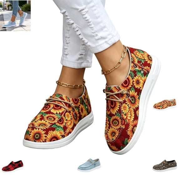 YOUYEDIAN Loafers for Women Fashion Print Round Toe Casual Slip On Soft Flats Versatile Outdoor Platform Canvas Walking Shoes