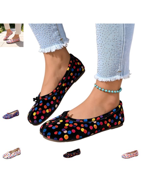Loafers for Women Fashion Split Toe Slip On Versatile Polka Dot Breathable Flats Casual Low Heel Round Toe Walking Shoes