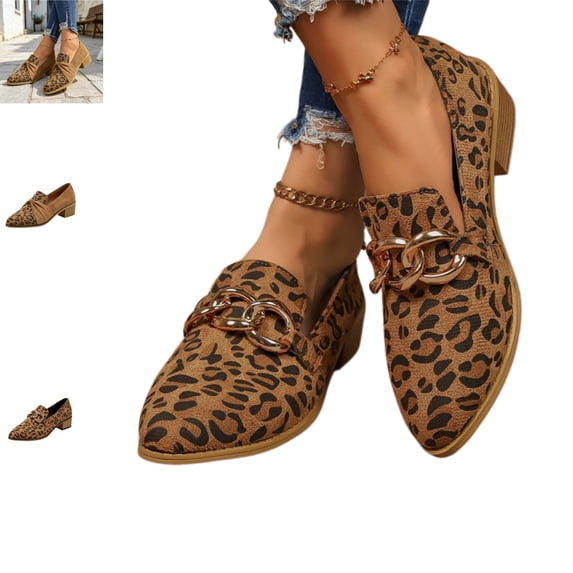 YOUYEDIAN Loafers for Women Pointed Toe Fashion Slip On Versatile Block Heel Shoes Casual Comfy Leopard Print Dress Shoes