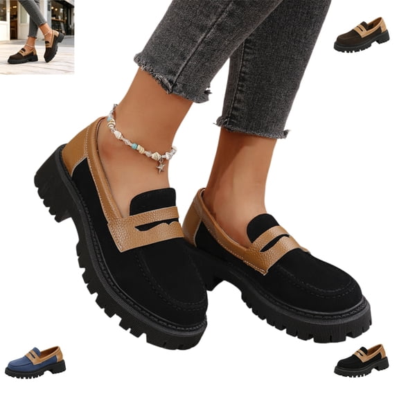YOUYEDIAN Loafers for Women Versatile Round Toe Block Heel Slip On Comfy Flats Fashion Walking Shoes