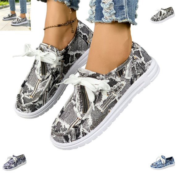 YOUYEDIAN Loafers for Women Versatile Round Toe Patchwork Print Fashion Slip On Comfy Lace-up Design Flats Casual Platform Outdoor Walking Shoes