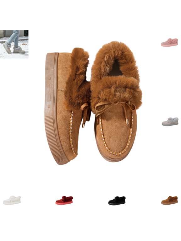 Loafers for Women Winter Plush Slip On Versatile Round Toe Warm Casual Platform Fuzzy Flats Fashion Strap Deco Outdoor Walking Shoes