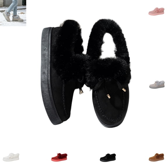 YOUYEDIAN Loafers for Women Winter Plush Slip On Versatile Round Toe Warm Casual Platform Fuzzy Flats Fashion Strap Deco Outdoor Walking Shoes