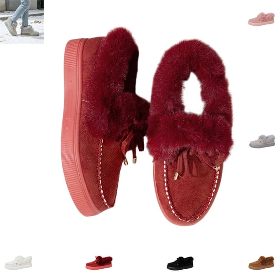 YOUYEDIAN Loafers for Women Winter Plush Slip On Versatile Round Toe Warm Casual Platform Fuzzy Flats Fashion Strap Deco Outdoor Walking Shoes