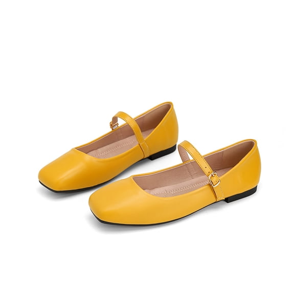 Mary Jane Shoes Women Work Slip on Non Slip Ballerina Flats Shoes Spring Trendy Wide Closed Toe Low Heels Walking Shoes (Yellow)