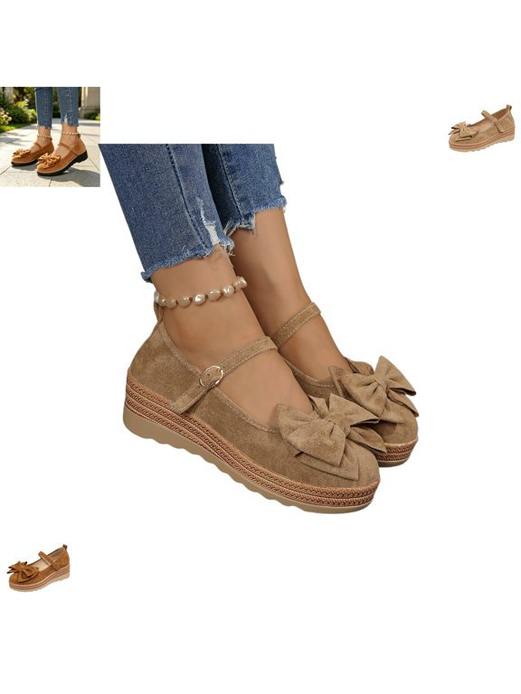 Mary Jane Shoes Women Casual Round Toe Fashion Bow Deco Wedge Platform Heel Non Slip Flats Versatile Slip On Comfortable Outdoor Dress Shoes